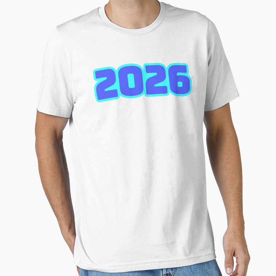 2026 Bold Typography T-Shirt | Blue Outline Minimalist Tee White