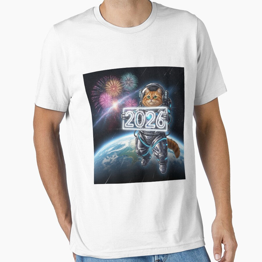 2026 Cat Astronaut T-Shirt: Funny New Year Space Kitty Tee White