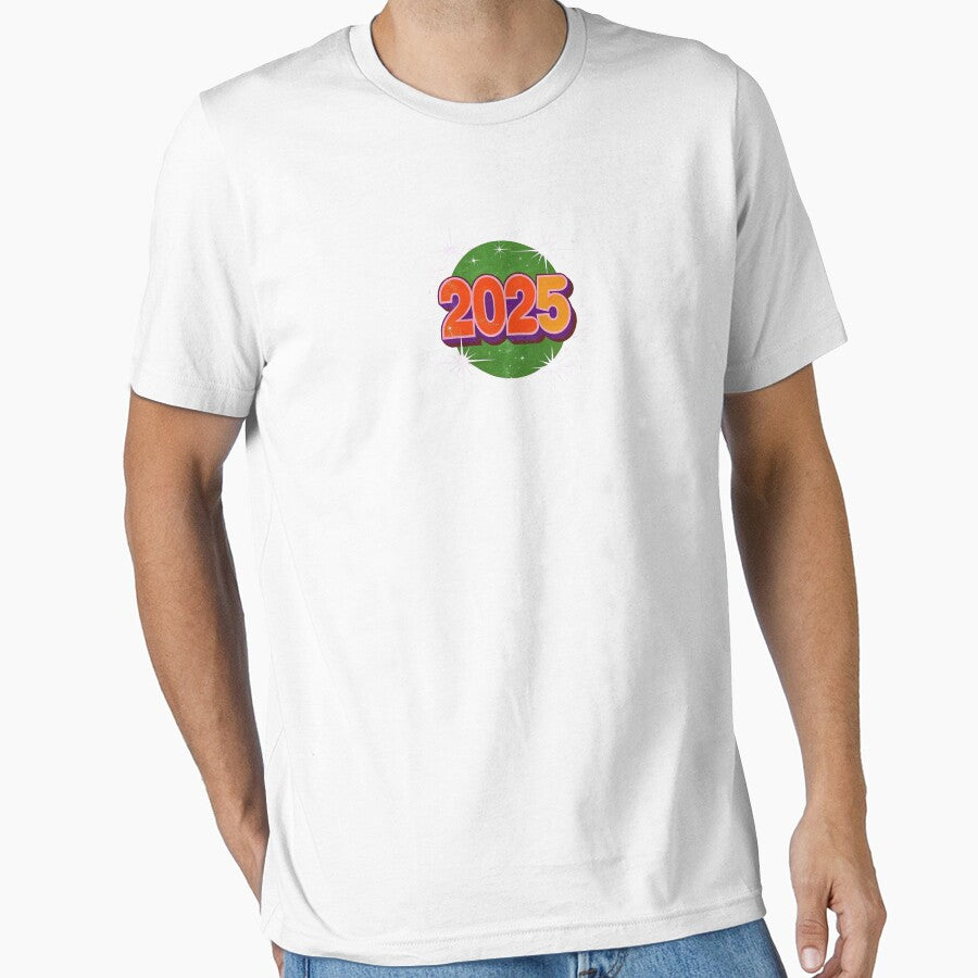 2025 NYE Sticker Design Tee | Fun Happy New Year Graphic T-Shirt White