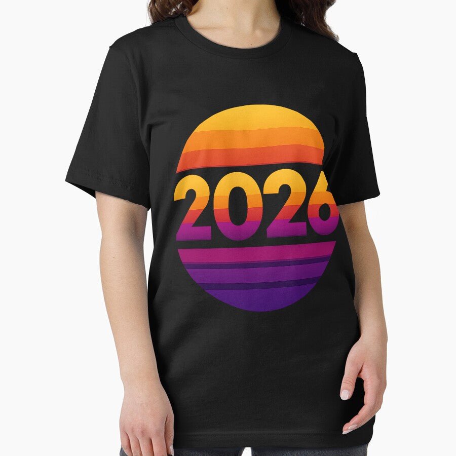 2026 New Year T-Shirt | Retro Sunset Synthwave Typography Tee Black