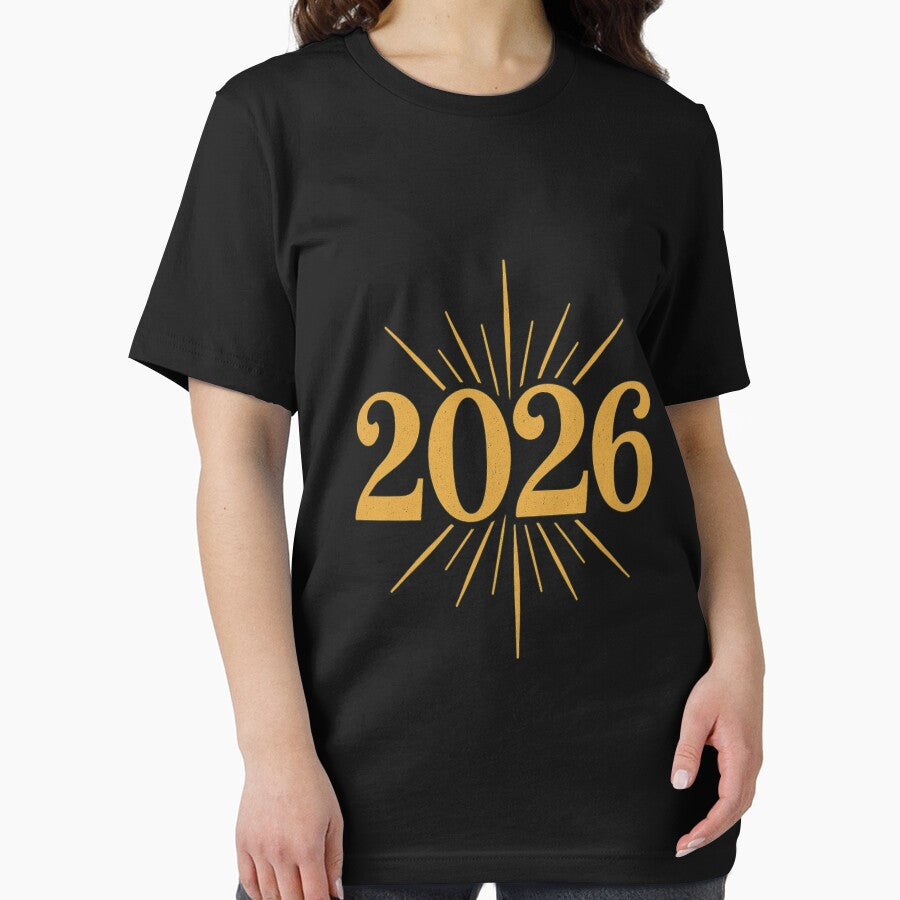 2026 New Year T-Shirt | Gold Burst Fireworks Celebration Tee Black