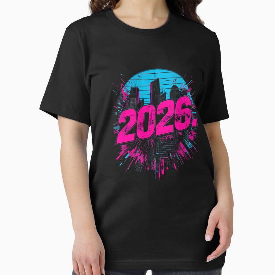 2026 Neon Cyberpunk Tee: Futuristic Cityscape Graphic T-Shirt Black