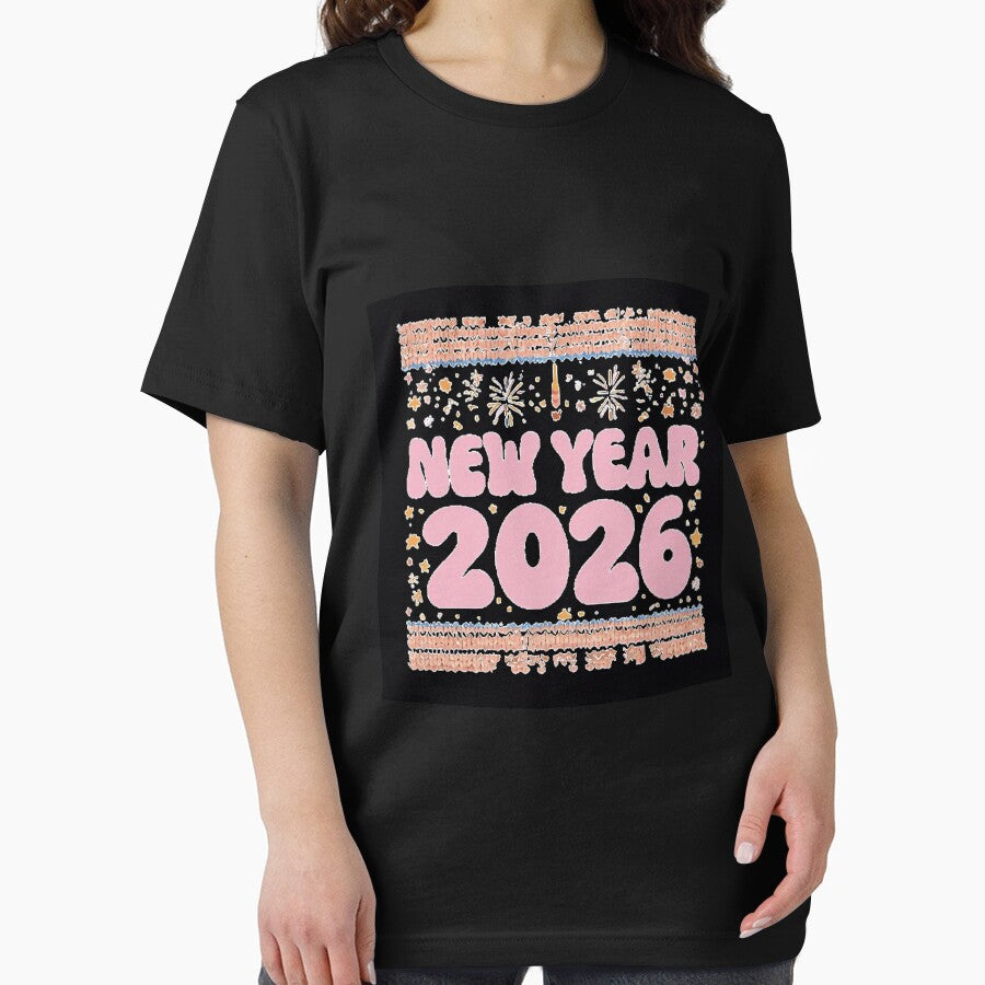 2026 Knitted New Year T-Shirt | Cute Faux Sweater Pattern Party Tee Black