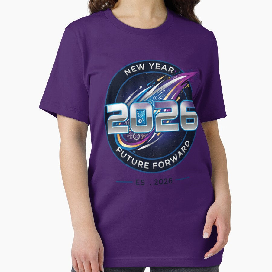 2026 New Horizon Tee: Futuristic Space Year Typography Shirt Eggplant