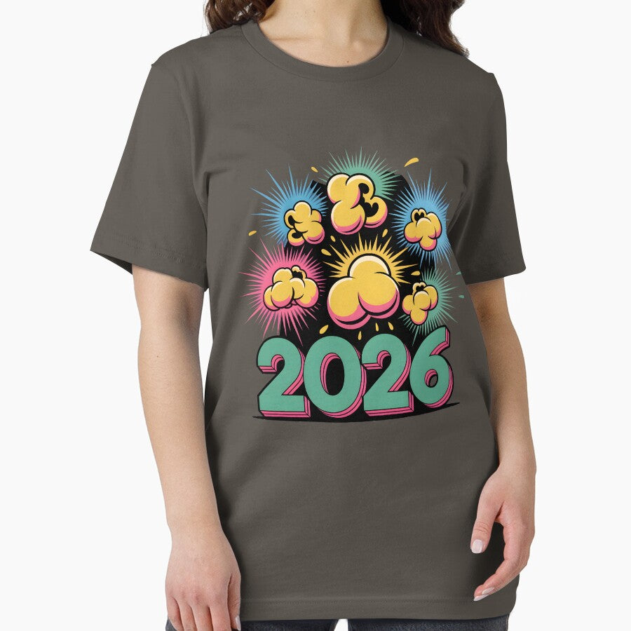 2026 New Year Comic Tee: Popcorn & Firework Celebration Shirt Dark Grey