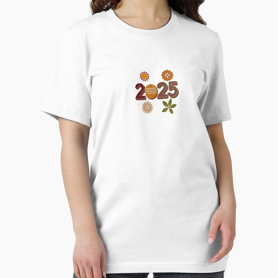 2025 Happy New Year Party Tee | Fun Sticker-Style Celebration Shirt White