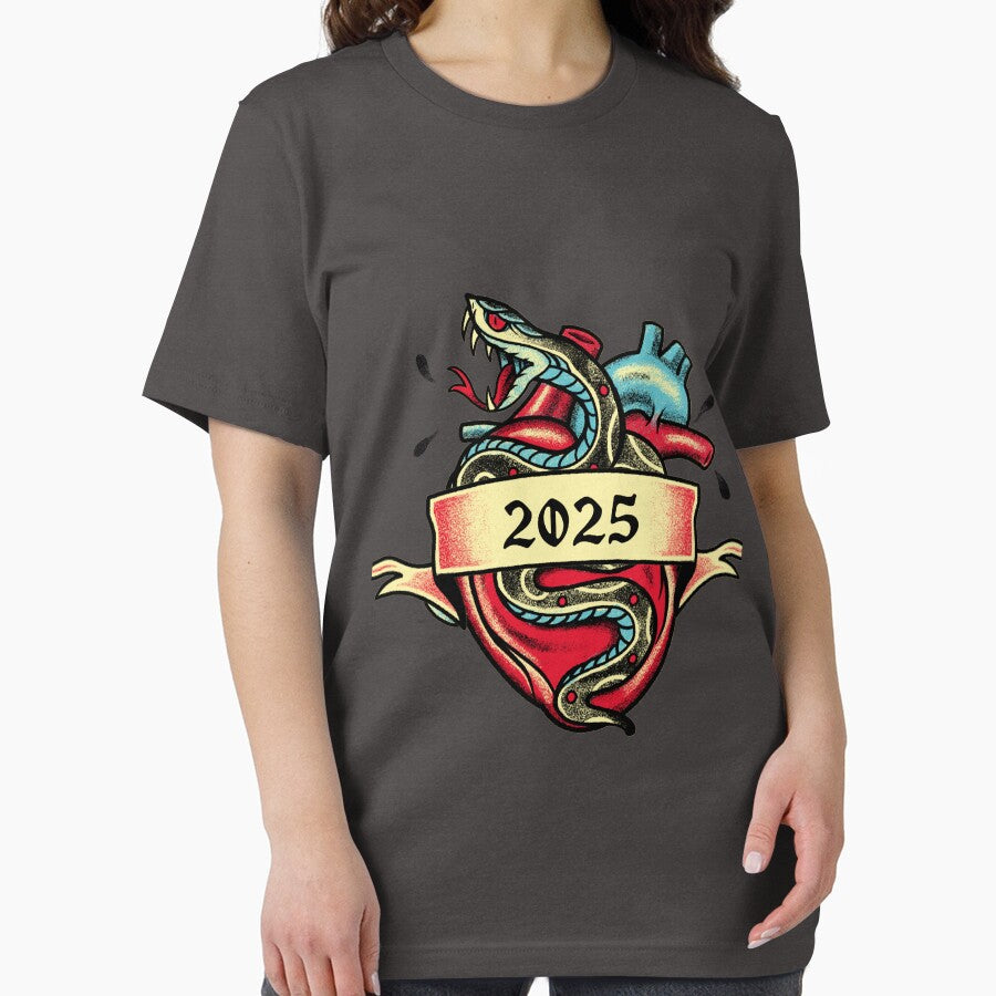 2025 Year of the Snake T-Shirt | Tattoo Art Heart & Snake Tee Charcoal Heather