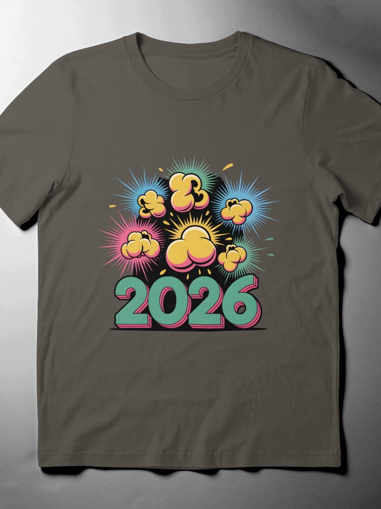 2026 New Year Comic Tee: Popcorn & Firework Celebration Shirt